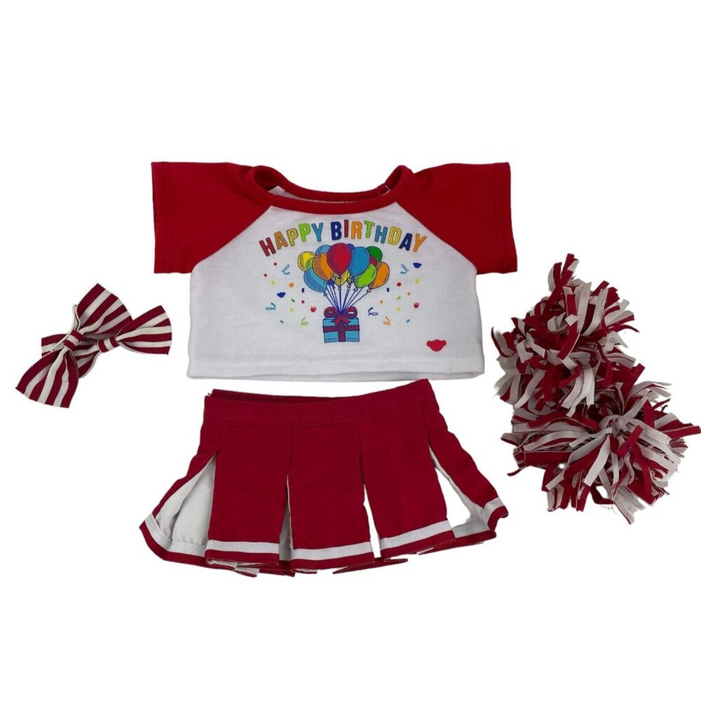 Build A Bear Clothes Red Happy Birthday Shirt‎ Cheerleader Skirt Poms Bows BABW